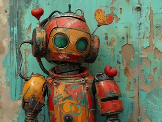 Vintage Robot with Heart - Digital Art