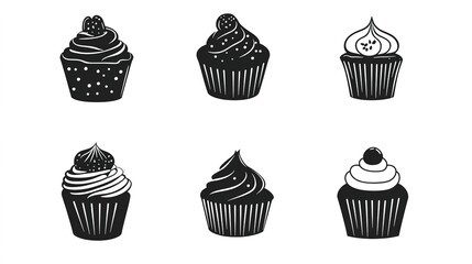 A delightful set of colorful cupcakes arranged against a clean white background, showcasing a variety of flavors and decorations. Each cupcake features unique frosting designs and toppings, 