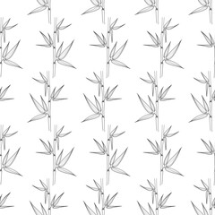 Seamless pattern of bamboo leaves, black on white background. Botanical hand drawn illustration