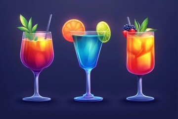 Digital illustration of three tropical cocktails in glasses with colorful garnishes set against a dark background showcasing a vibrant and festive design perfect for summer menus