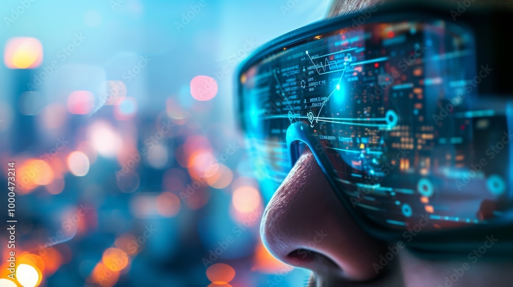 Poster a close-up of augmented reality glasses showing a reflection of complex data and graphics. this imag