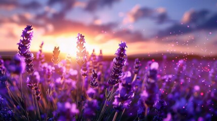 Blooming lavender fields at sunset, serene and fragrant, Botanical, Soft purples, Photograph, Floral beauty