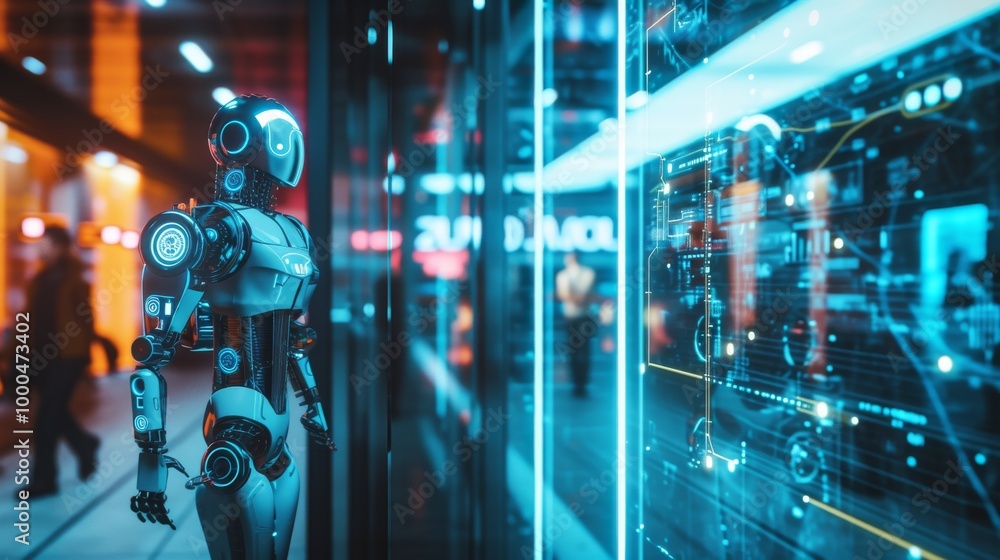 Poster a humanoid robot with illuminated blue accents stands in front of a transparent digital display, ana