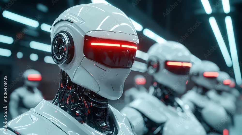 Wall mural futuristic robots with red lights in a high-tech environment.