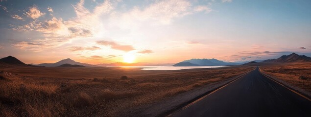 Fototapeta premium Road leading to horizon with sunset, mountains, lake, and scenic sky in the background.