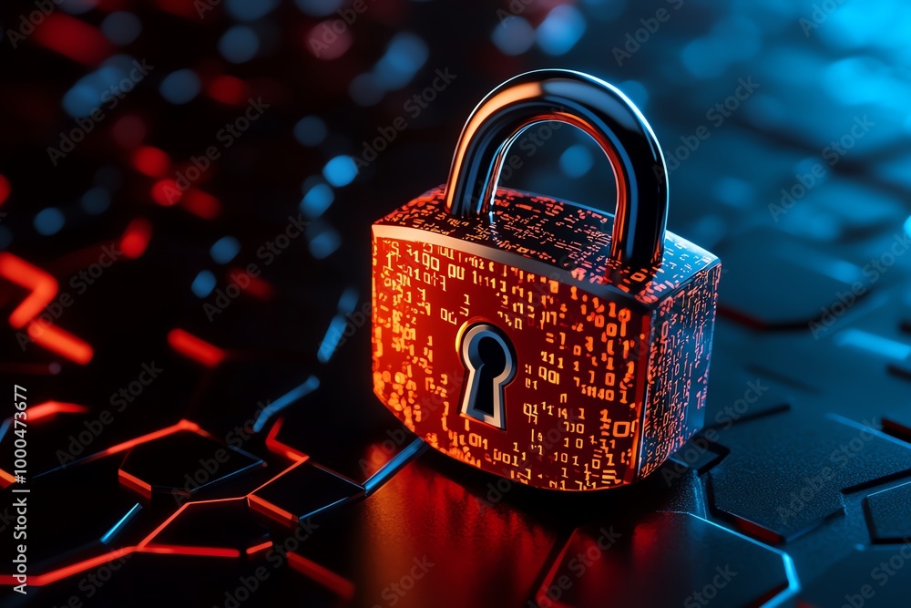 Aufkleber Minimalist binary code and lock symbol, symbolizing cybersecurity breaches and hacker identity, with clean, bold lines in an abstract design