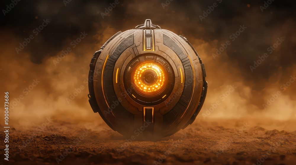 Poster futuristic spherical object glowing in the dust, isolated on a dark background