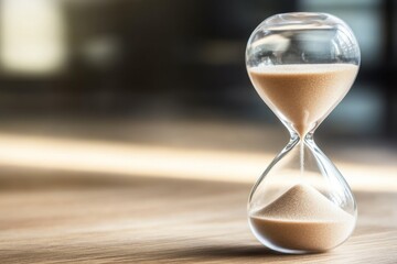 Hourglass with sand falling, symbolizing time passage, on wooden table with blurred background.