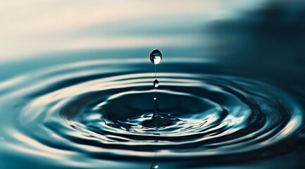 Water droplet creating ripples in a blue water background, high-resolution, cinematic lighting, hyper-realistic details.