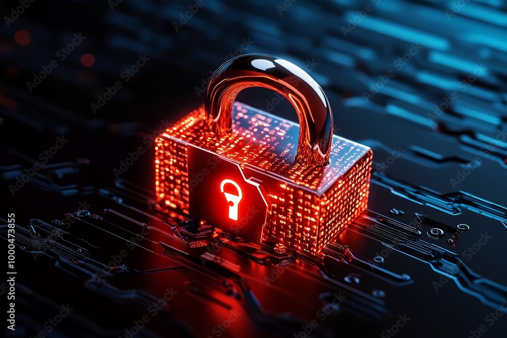Poster Minimalist binary code and lock symbol, symbolizing cybersecurity breaches and hacker identity, with clean, bold lines in an abstract design