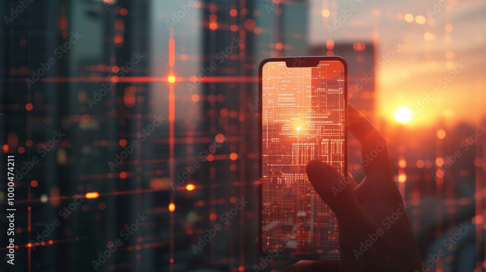 Aufkleber a hand holds a smartphone featuring a glowing digital interface against the backdrop of a futuristic