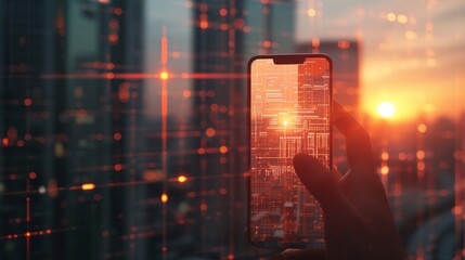 A hand holds a smartphone featuring a glowing digital interface against the backdrop of a futuristic city at sunset. Orange hues and illuminated data patterns create a sense of connectivity and