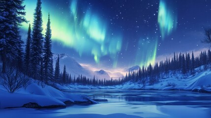 Majestic northern lights shimmering above a snow-covered forest under a clear night sky in winter wonderland