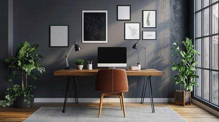 Stylish modern home office featuring a wooden desk, comfortable chair, and greenery against a dark wall with framed artwork.