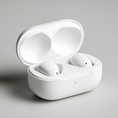 Wireless White Earbuds in Charging Case on Minimal Background