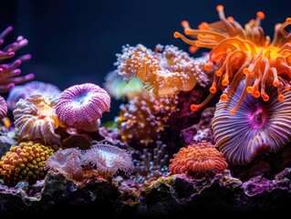 Coral reef with diverse marine life, vibrant and expansive, Marine, Bright hues, Photograph, Underwater beauty