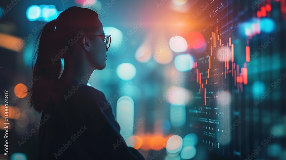 Poster a woman stands thoughtfully in front of a digital interface filled with data graphs and charts. the 