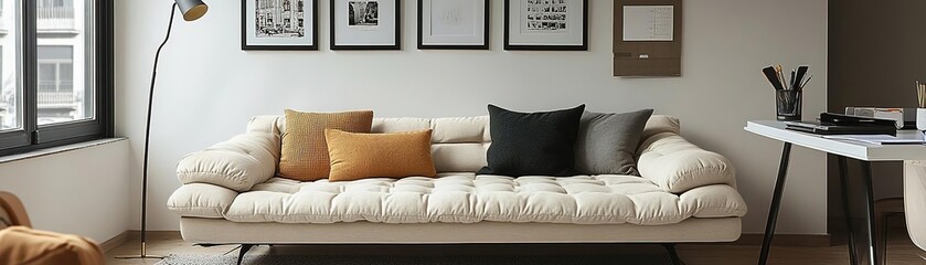 Modern living room featuring a stylish sofa, decorative pillows, and framed art for a cozy and elegant atmosphere.