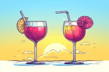 Two tropical cocktails with citrus slices and straws set against a bright sunset backdrop creating a relaxing and warm beachside atmosphere
