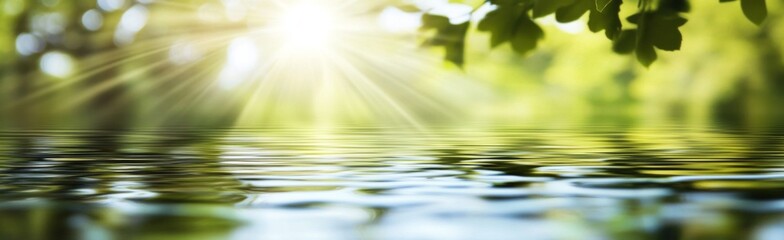 Abstract nature banner with sunlight reflections on water and green trees, blurred greenery background, perfect for spring or summer landscape with light bokeh and panoramic view