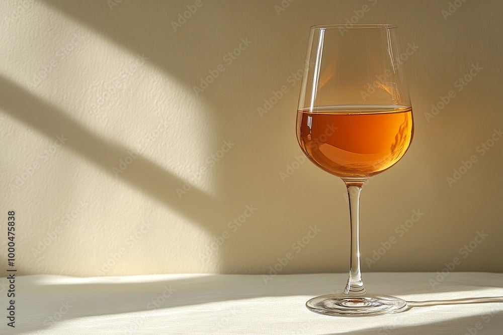 Poster wine glass filled with amber liquid set on a minimalist white surface with soft shadows creating a c