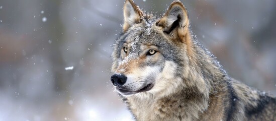 Obraz premium In Winter Gray Or Grey Wolf Also Timber Or Western Wolf Is A Canine Native To The Wilderness And Remote Areas Of Eurasia And North America It Is The Largest Extant Member Of Its Family