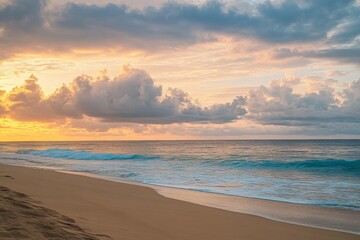Fototapeta premium Serene beach at sunset with pastel clouds and gentle waves on golden sand, capturing tranquil atmosphere in high-resolution detail.