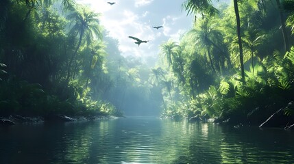 Fototapeta premium Rainforest river winding through a lush thick jungle in captivating images