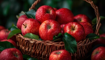 Freshly picked apples in a basket, vibrant and fresh, Botanical, Soft reds, Photograph, Fruit harvest