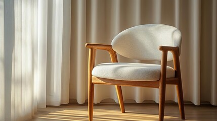 A stylish wooden chair with a soft cushion, bathed in warm sunlight next to elegant curtains, creating a cozy interior ambiance.