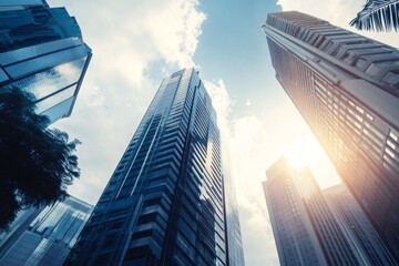 Cinematic skyscape-style view of tall buildings in a city under daylight, featuring sunlight, shadows, and blue sky, ideal for business backgrounds.