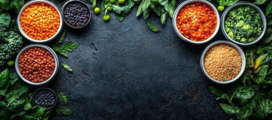 Colorful assortment of legumes and vegetables on a dark textured background.