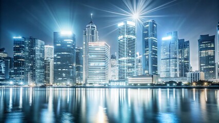 Obraz premium A breathtaking cityscape at night, with illuminated skyscrapers reflecting in a calm body of water.