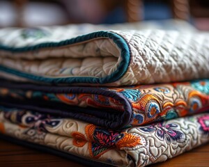 Fototapeta premium Handstitched quilts with intricate patterns, cozy and artistic, Artisan, Soft hues, Photograph, Handmade elegance