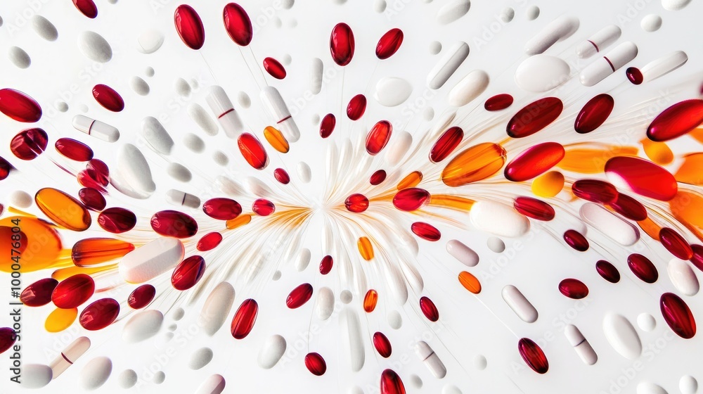 Poster beautiful capsules swirl in dynamic trails, creating an abstract pattern on a white backdrop, offeri