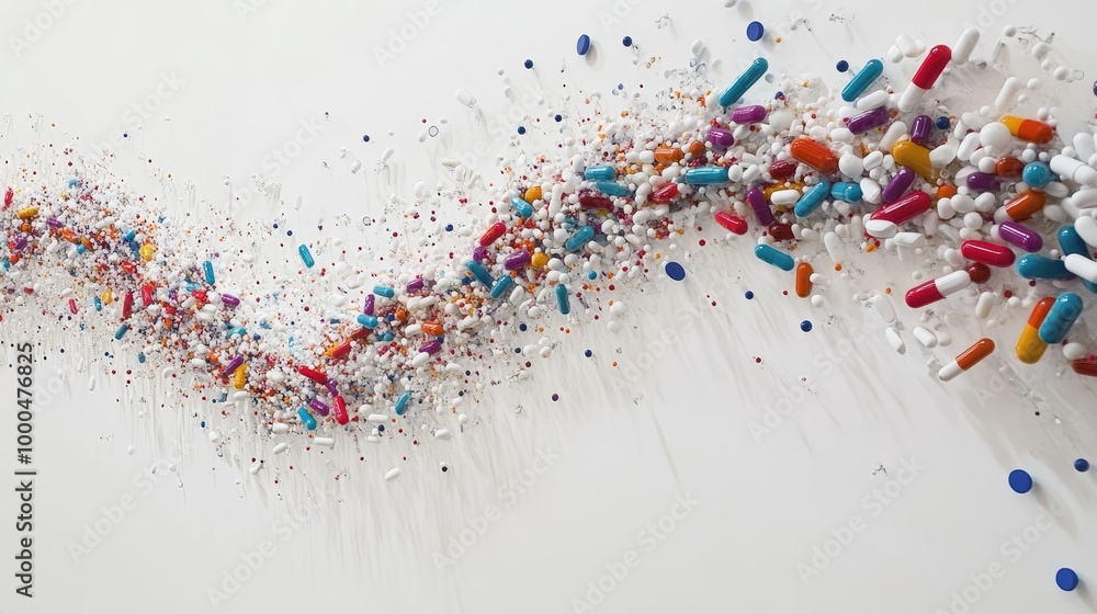 Poster mesmerizing capsules and pills form intricate swirling trails, creating a dynamic abstract pattern o