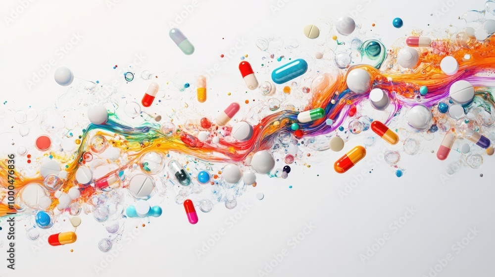 Poster mesmerizing capsules and pills form intricate swirling trails, creating a dynamic abstract pattern o