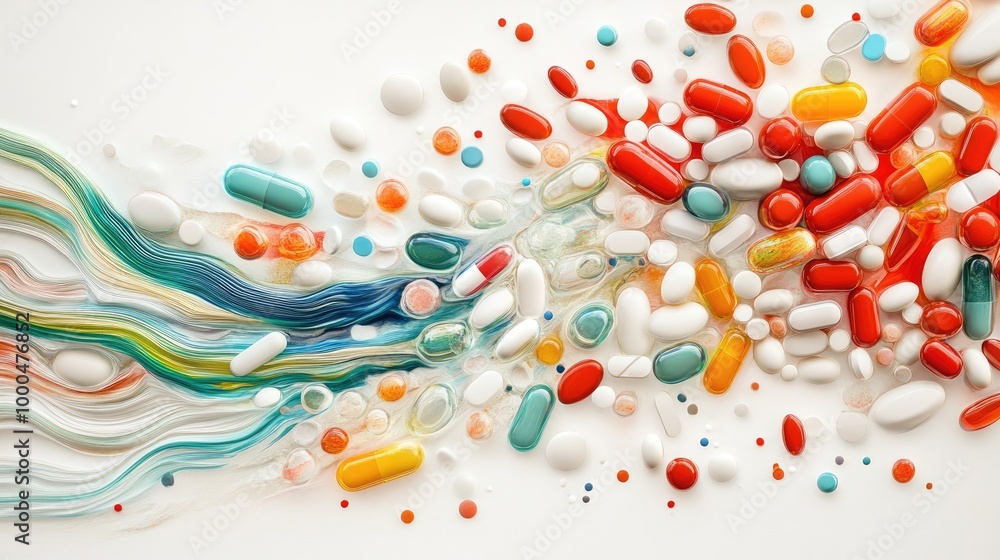 Fototapete mesmerizing capsules and pills form intricate swirling trails, creating a dynamic abstract pattern o