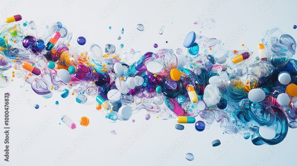 Fototapete mesmerizing capsules and pills form intricate swirling trails, creating a dynamic abstract pattern o