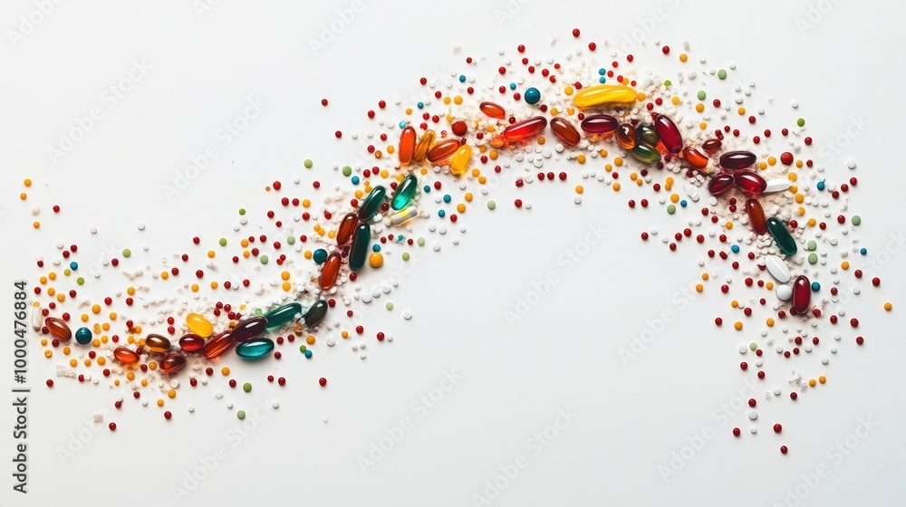 Poster mesmerizing swirling trails of capsules and pills form a dynamic abstract pattern on a white backgro