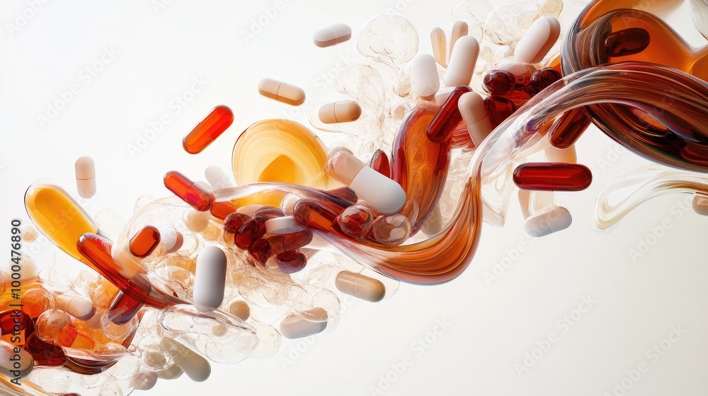 Poster mesmerizing swirling trails of capsules and pills form a dynamic abstract pattern on a white backgro