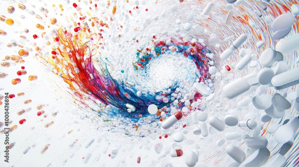 Poster mesmerizing swirling trails of capsules and pills form a dynamic abstract pattern on a white backgro