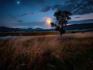 Obraz premium Harvest moon over a serene landscape, expansive and celestial, Nature, Cool tones, Photograph, Night sky beauty
