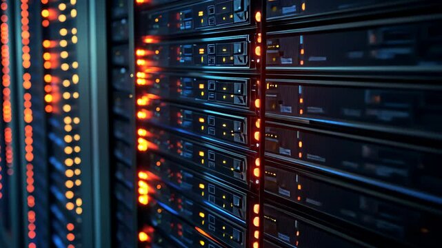 Data Center Server Racks with Blinking Lights