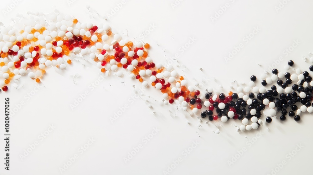 Poster stunning swirling capsules create intricate trails, forming a dynamic abstract design on a white bac