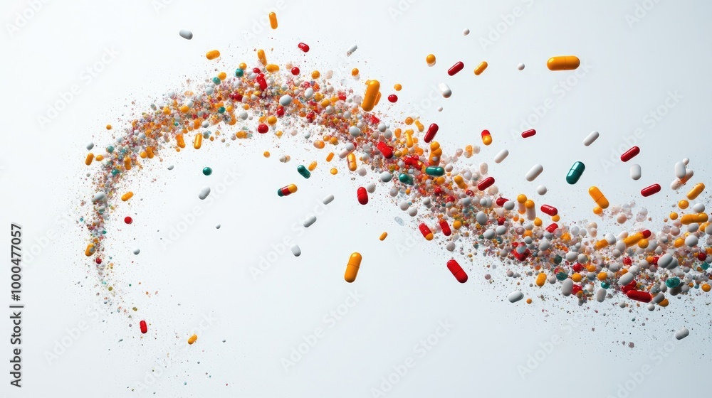 Poster stunning swirling capsules create intricate trails, forming a dynamic abstract design on a white bac