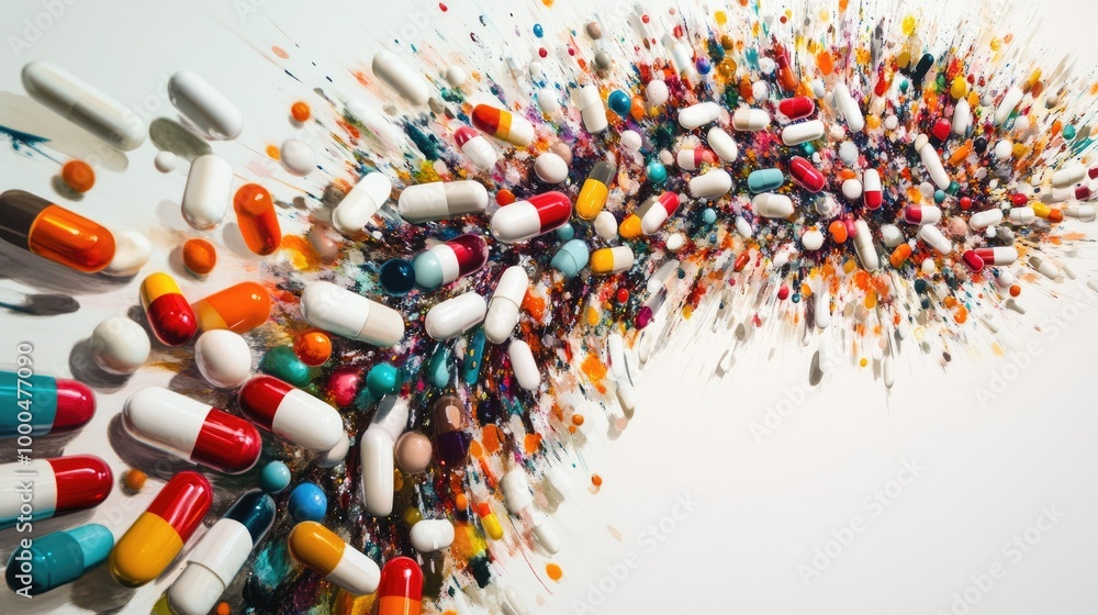 Poster stunning swirling trails of capsules form a captivating abstract design on a white background, evoki