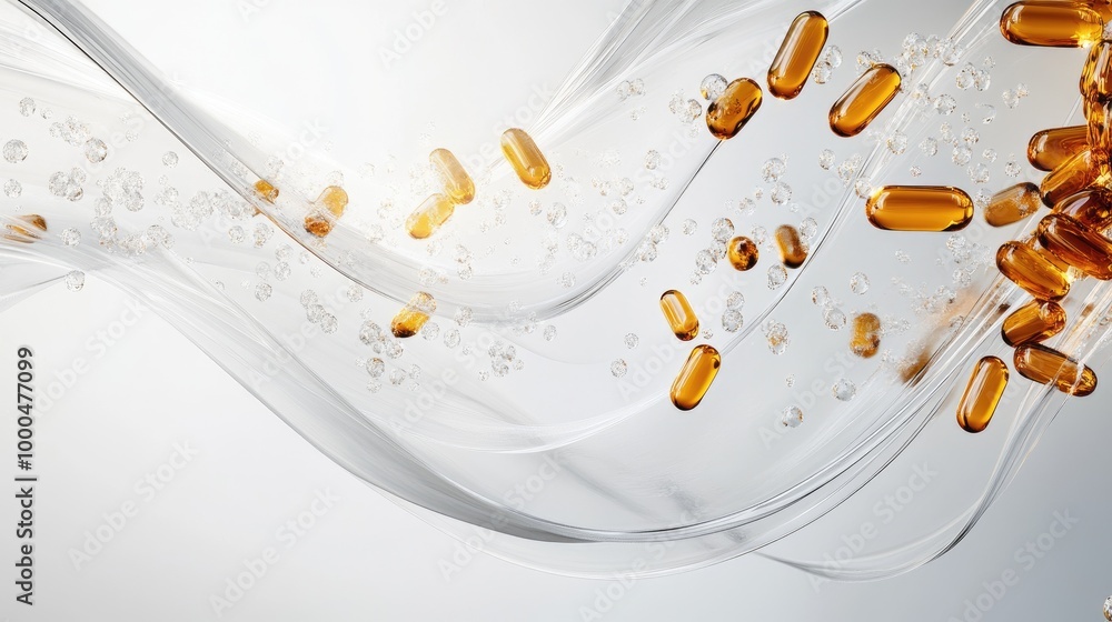 Poster stunning swirling trails of capsules form a captivating abstract design on a white background, evoki