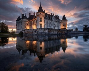 Historical castle with a moat, grand and picturesque, Historical, Cool tones, Photograph, Architectural wonder