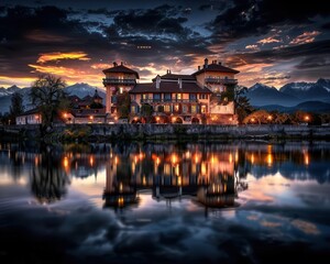 Fototapeta premium Historical castle with a moat, grand and picturesque, Historical, Cool tones, Photograph, Architectural wonder
